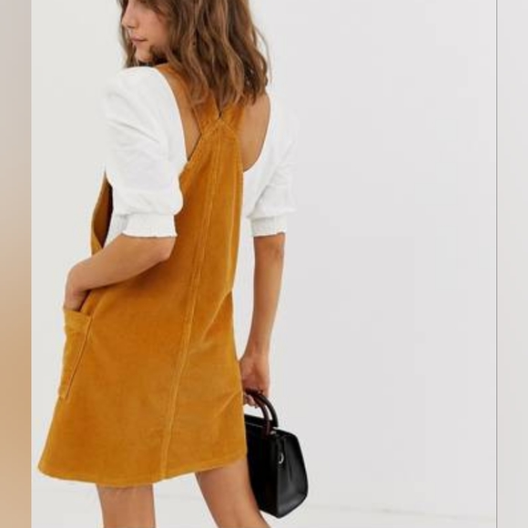 River Island cord pinny dress with button through in mustard - Picture 2 of 4